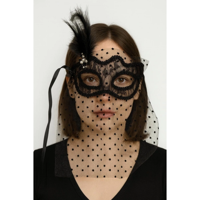 Siyah Renk Siyah Puantiyeli Duvaklı İncili Parti Maskesi
