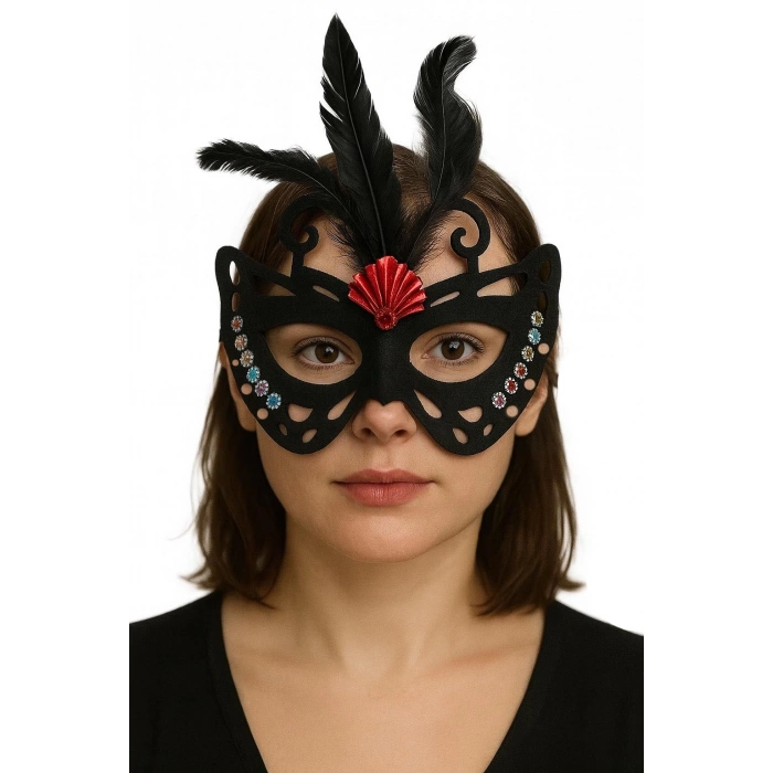 Siyah Renk Siyah Süet Kaplama Tüylü Kelebek Figür Parti Maskesi 24x18 Cm