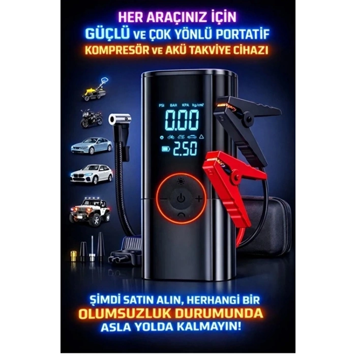 St-9650 Şarjlı 10.000 Mah Taşınabilir Araç Hava Kompresörü Akü Takviyeli Dijital Ekranlı Işıklı Çantalı
