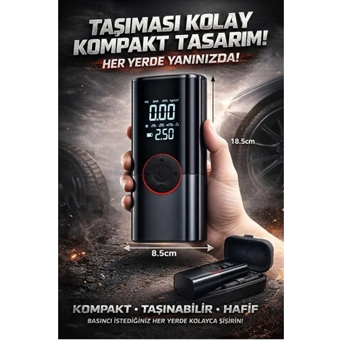 St-9650 Şarjlı 10.000 Mah Taşınabilir Araç Hava Kompresörü Akü Takviyeli Dijital Ekranlı Işıklı Çantalı