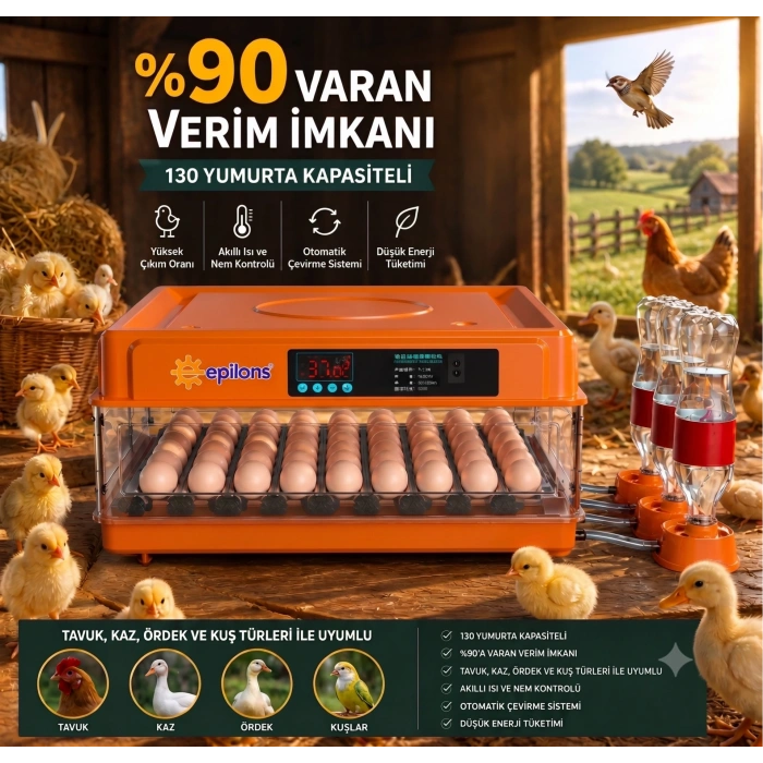 Tam Otomatik Kuluçka Makinesi 130 Yumurta Kapasiteli - Akıllı Isı Ve Nem Kontrollü, Ayarlanabilir Viyol, Otomatik Su Sistemli