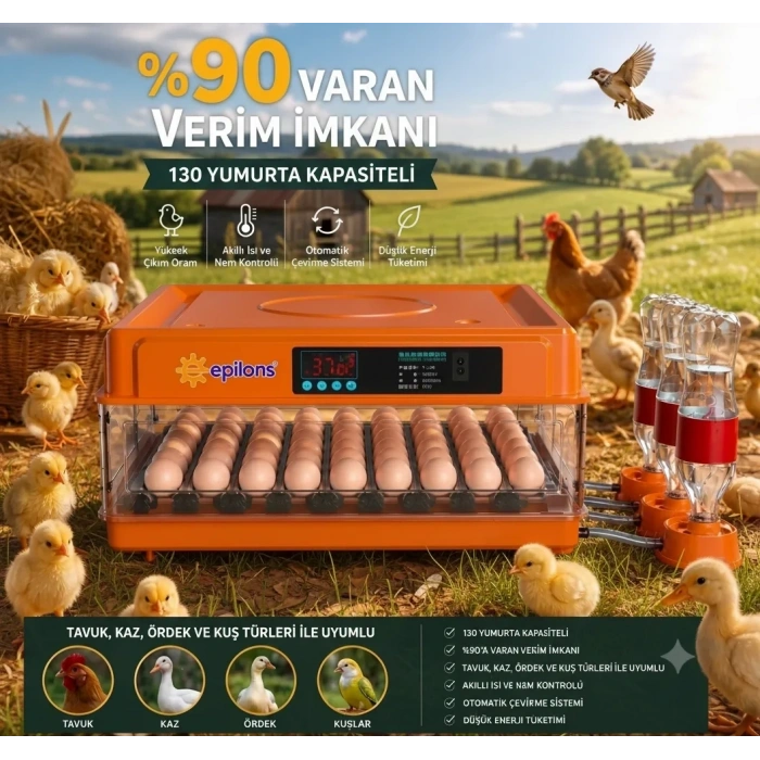 Tam Otomatik Kuluçka Makinesi 130 Yumurta Kapasiteli | Akıllı Isı Ve Nem Kontrolü | Otomatik Yumurta Çevirme | Otomatik Su Sistemi | Ayarlanabilir Viyol