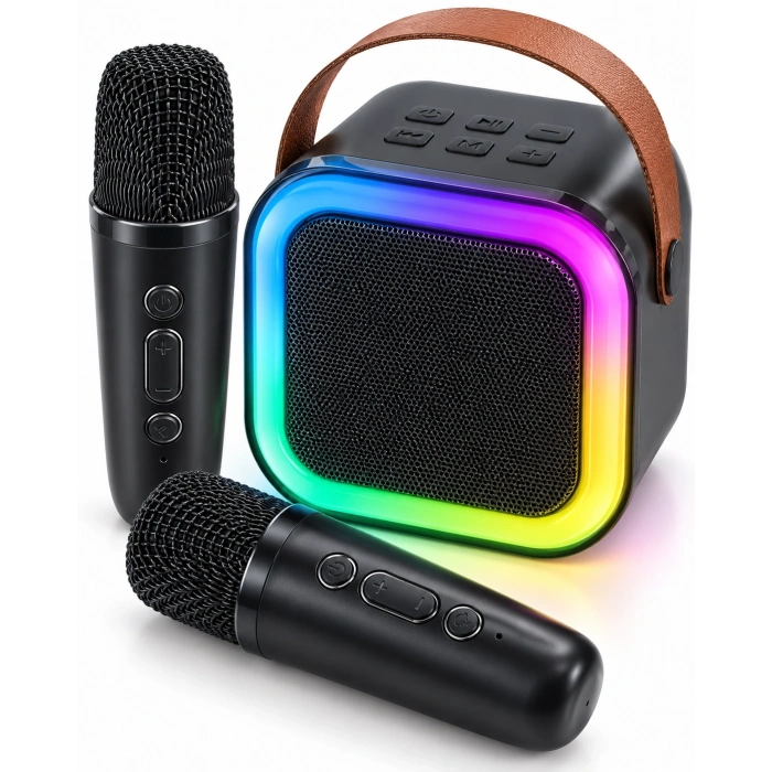 Taşıma Askılı Siyah Led Işıklı Bluetooth Hoparlör Çift Mikrofonlu Karaoke Seti