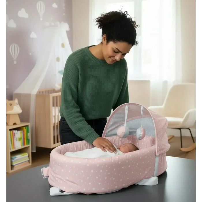 Taşınabilir Portatif Bebek Yatağı,sırt Çantasına Dönüşebilen Portatif Bebek Beşiği (pembe)
