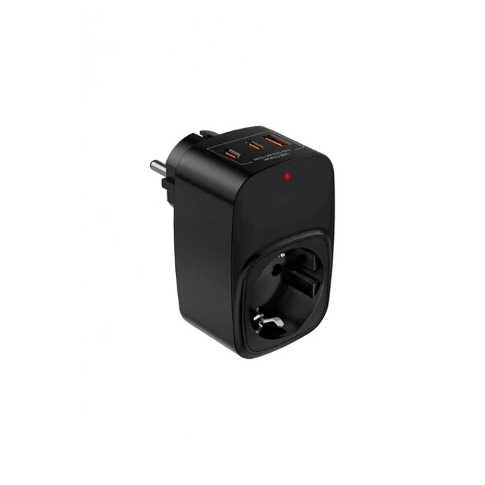 Tekli Yüksek Voltaj Korumalı Duvar Prizi 2x Type-c 1x Usb Çıkışlı Priz Grup Priz Çoğaltıcı Siyah