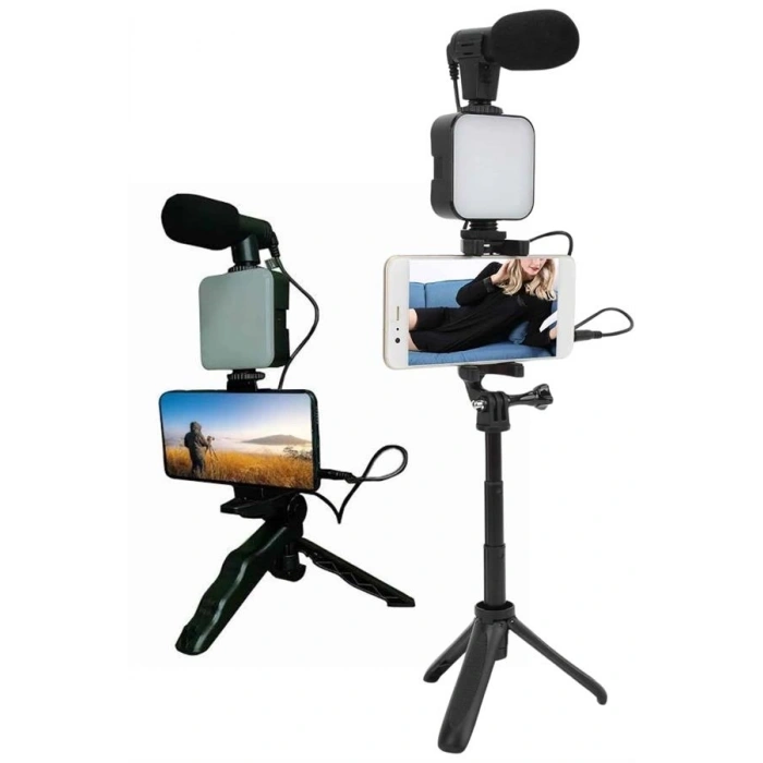 Telefon Tutucu Led Işıklı Kumandalı Mikrofon Telefon Vlog Video Kayıt