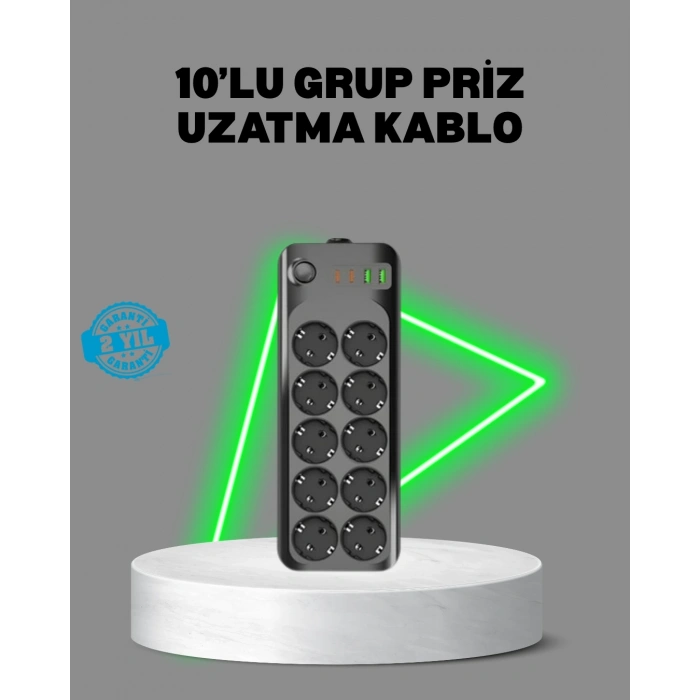 Termal Akım Korumalı 10’lu Grup Priz Usb Type-c Hızlı Şarj 2500w 2m Kablo