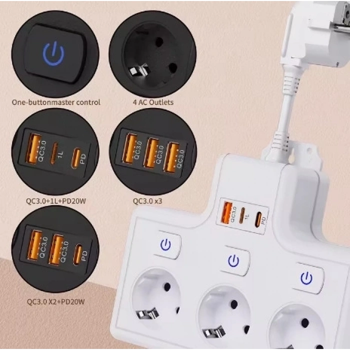 Termal Akım Korumalı 3’lü Duvar Tipi Priz 1x Usb 2x Type-c Çıkışlı Grup Priz Çoğaltıcı (3500w)