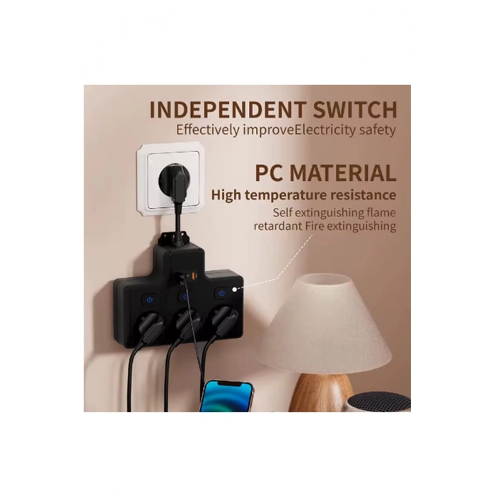Termal Akım Korumalı 3’lü Duvar Tipi Priz 1x Usb 2x Type-c Çıkışlı Grup Priz Çoğaltıcı (3500w)