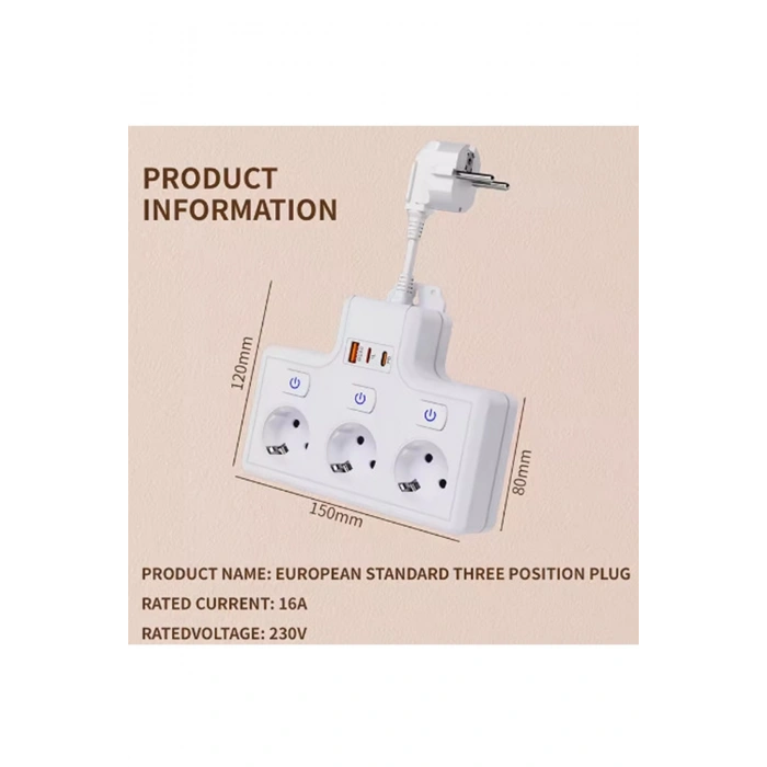 Termal Akım Korumalı 3’lü Duvar Tipi Priz 1x Usb 2x Type-c Çıkışlı Grup Priz Çoğaltıcı (3500w)
