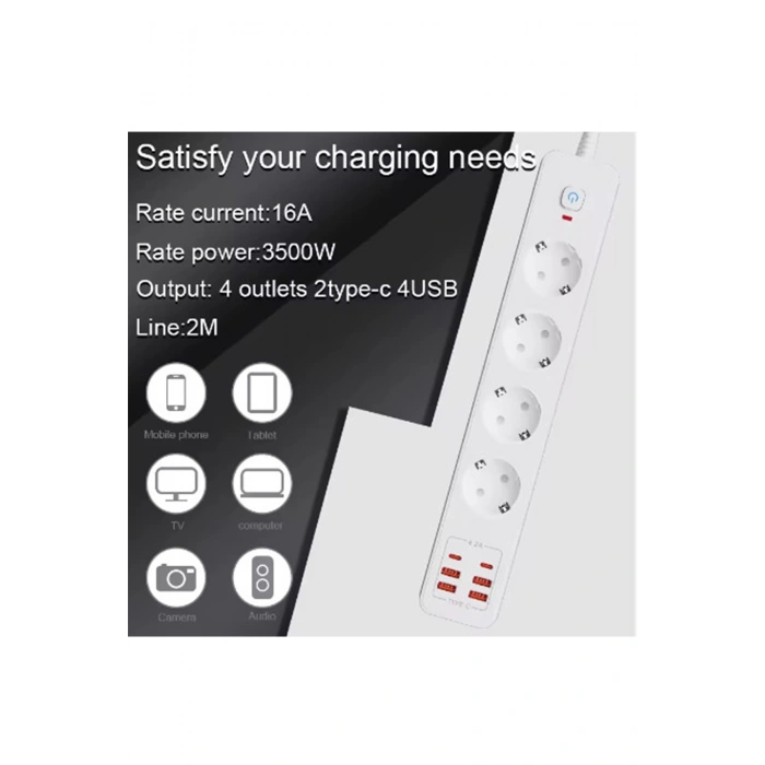 Termal Akım Korumalı 4’lü Priz 4x Usb 2x Type-c Çıkışlı Grup Priz Çoğaltıcı (3500w)