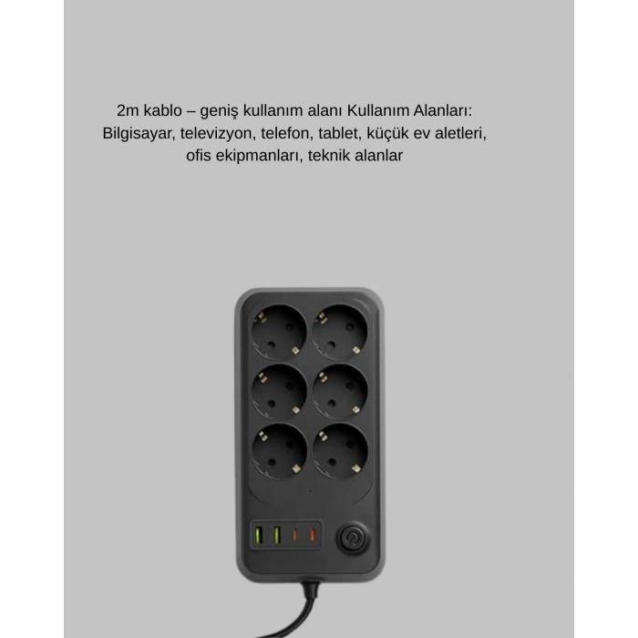 Termal Akım Korumalı 6’lı Uzatma Priz Usb Type-c Hızlı Şarj 2500w