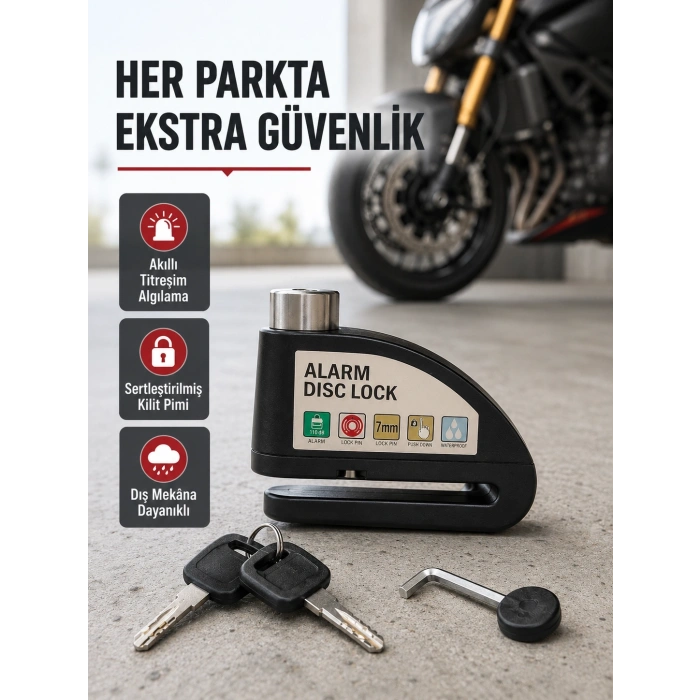 Titreşim Sensörlü Alarmlı Motosiklet Disk Kilidi 14mm Çelik Çift Kilitleme