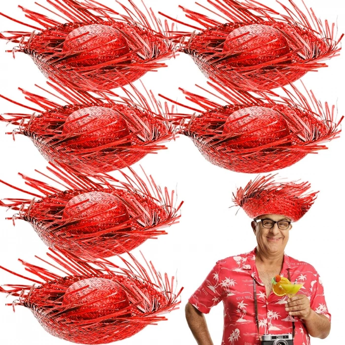Tropikal Parti Kırmızı Hasır Hawaii Şapkası 13x36 Cm