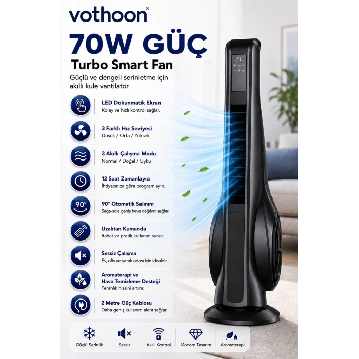 Turbo Smart Akıllı Fan Led Ekranlı Kumandalı 90° Hareketli Serinletici Soğutucu Kule Tipi Vantilatör