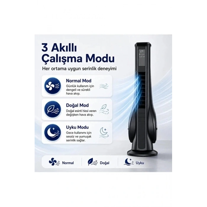 Turbo Smart Akıllı Fan Led Ekranlı Kumandalı 90° Hareketli Serinletici Soğutucu Kule Tipi Vantilatör