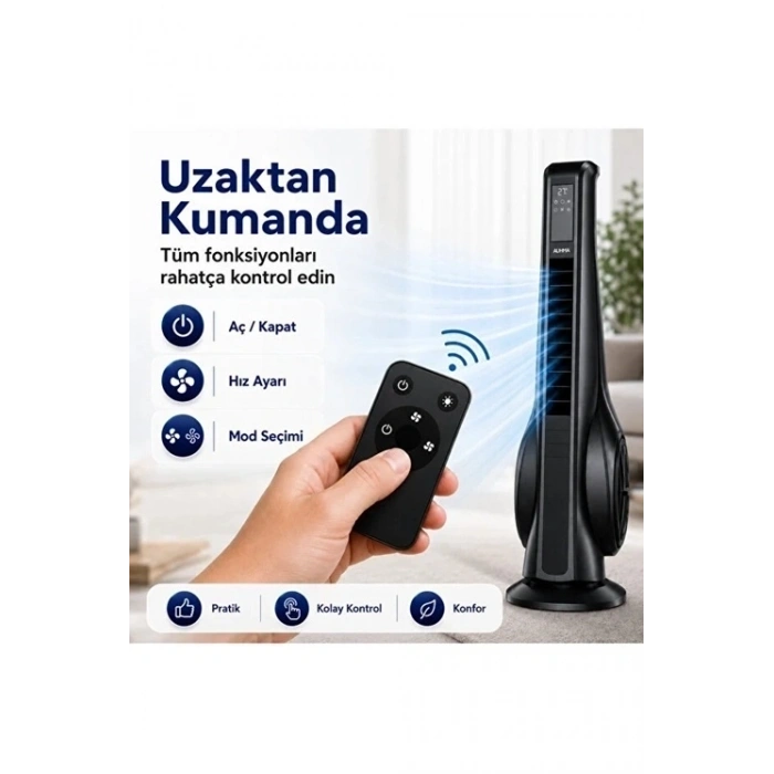 Turbo Smart Akıllı Fan Led Ekranlı Kumandalı 90° Hareketli Serinletici Soğutucu Kule Tipi Vantilatör
