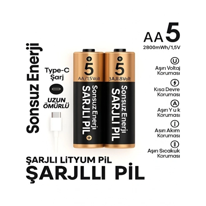 Type-c Şarjlı 2800mwh 1.5v Şarj Edilebilir 2’li Aa5 Kalın Pil - Lityum Iyon Batarya