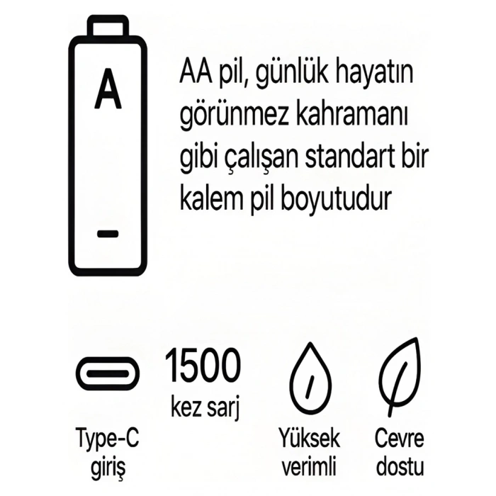 Type-c Şarjlı 2800mwh 1.5v Şarj Edilebilir 2’li Aa5 Kalın Pil - Lityum Iyon Batarya