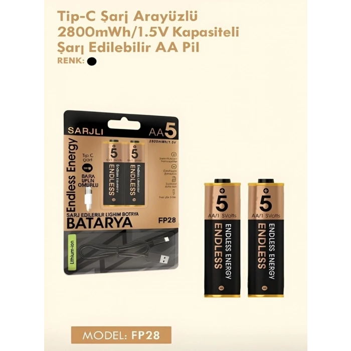Type-c Şarjlı 2800mwh 1.5v Şarj Edilebilir 2’li Aa5 Kalın Pil - Lityum Iyon Batarya