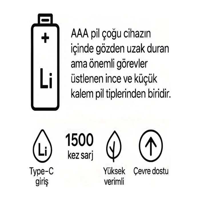 Type-c Şarjlı 800mwh 1.5v Şarj Edilebilir 2’li Aaa İnce Pil - Lityum Iyon Batarya