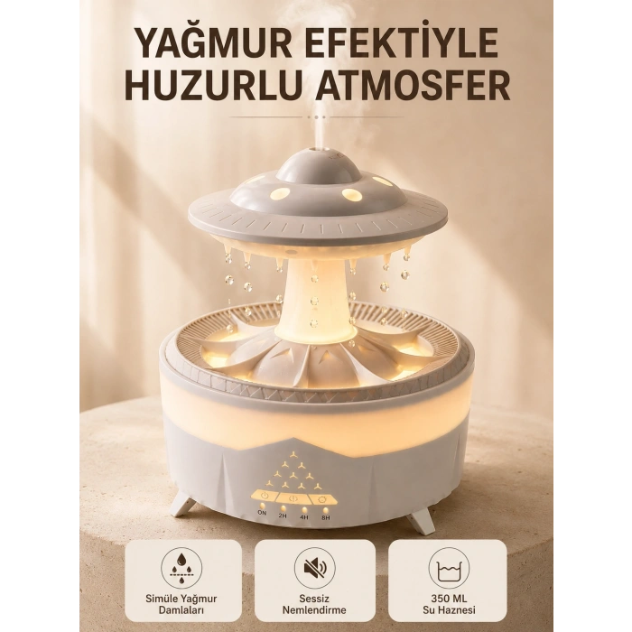 Ufo Tasarımlı 350 Ml Hava Nemlendirici Renkli Ortam Işığı Yağmur Efektli Difüzör