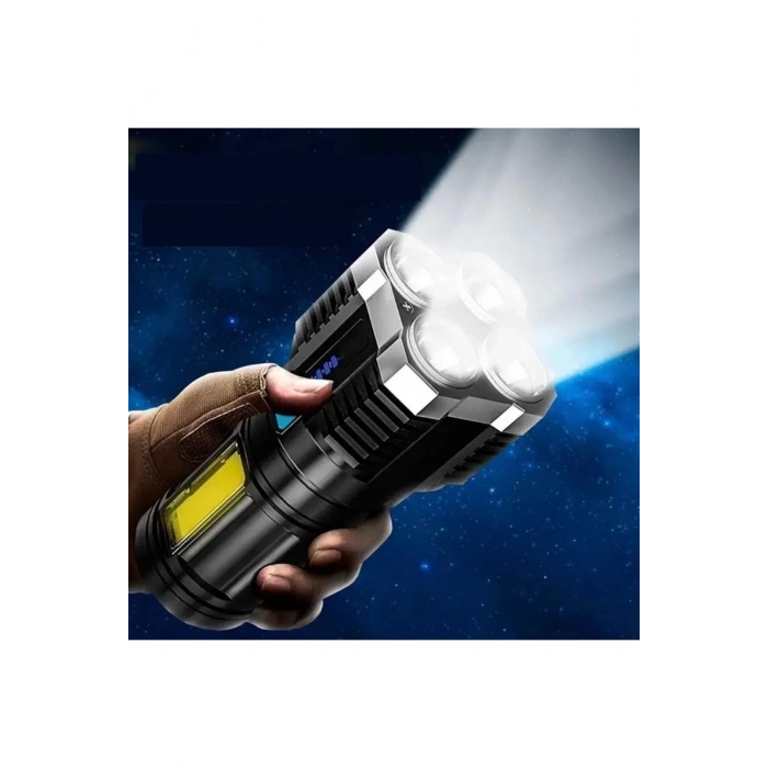 Ultra Parlak El Feneri Usb Şarj 4 Led+yan Cob Led Taktik Günlük Hayat Kamp Avcılık El Feneri