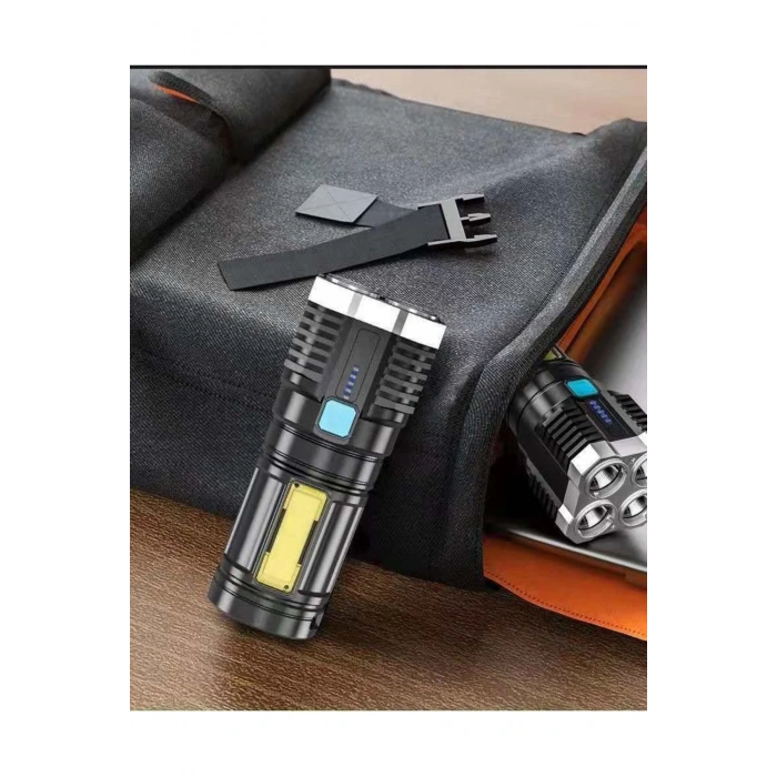 Ultra Parlak El Feneri Usb Şarj 4 Led+yan Cob Led Taktik Günlük Hayat Kamp Avcılık El Feneri