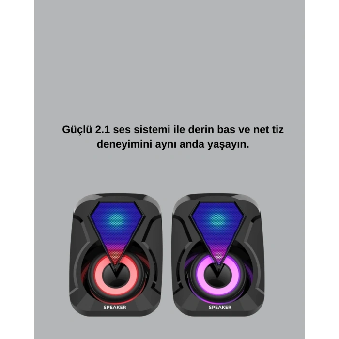Usb Bağlantılı Rgb 2.1 Hoparlör Seti Derin Bas Ve Renkli Işık