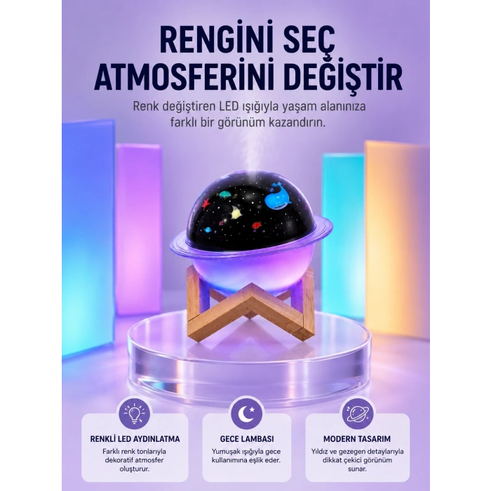 Usb İle Çalışan Projektörlü Aromaterapi Nemlendirici Masaüstü Kullanım İçin Uygun