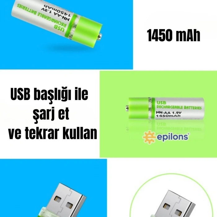 Usb İle Şarj Olabilen 2 Li 1450 Mah Lityum Kalın Şarjlı Kalem Pil