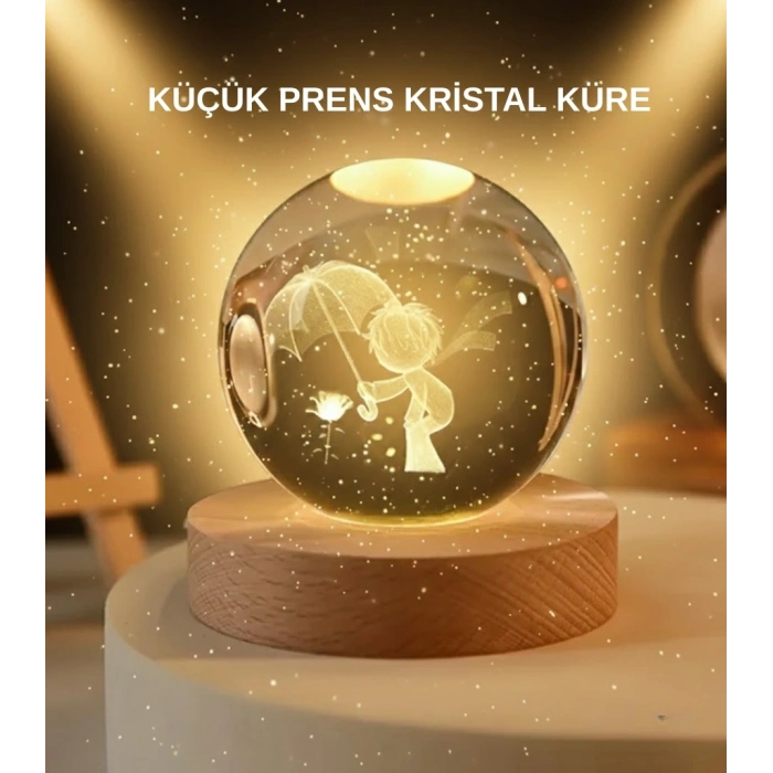 Usb Led 3d Küçük Prens Kristal Küre Ahşap Standlı Gece Lambası