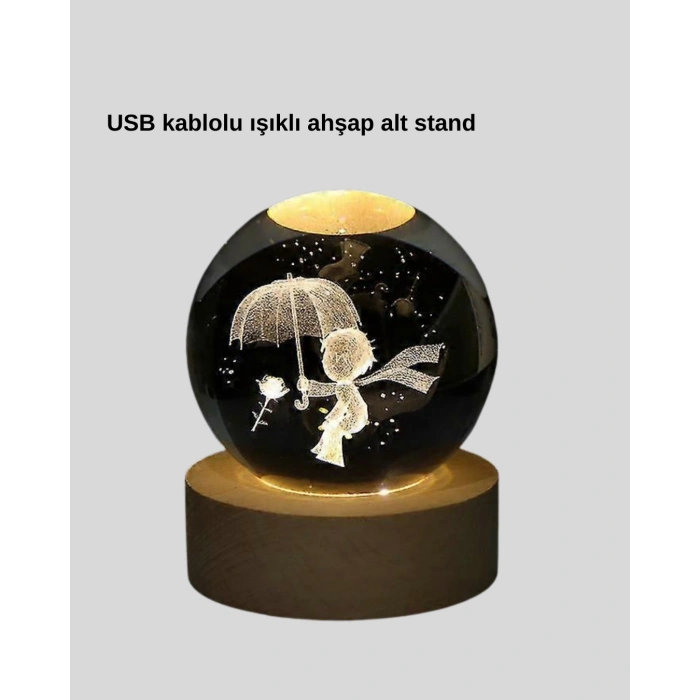 Usb Led 3d Küçük Prens Kristal Küre Ahşap Standlı Gece Lambası