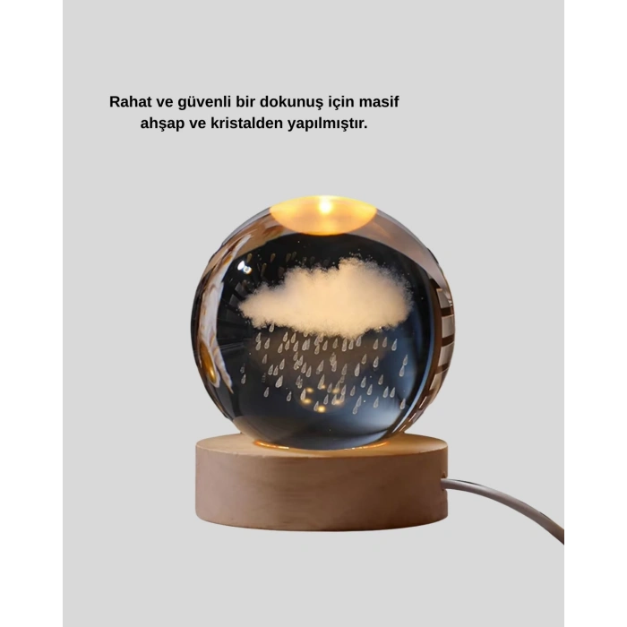 Usb Led 3d Yağmur Bulutu Kristal Küre Sıcak Işıklı Ahşap Standlı Gece Lambası