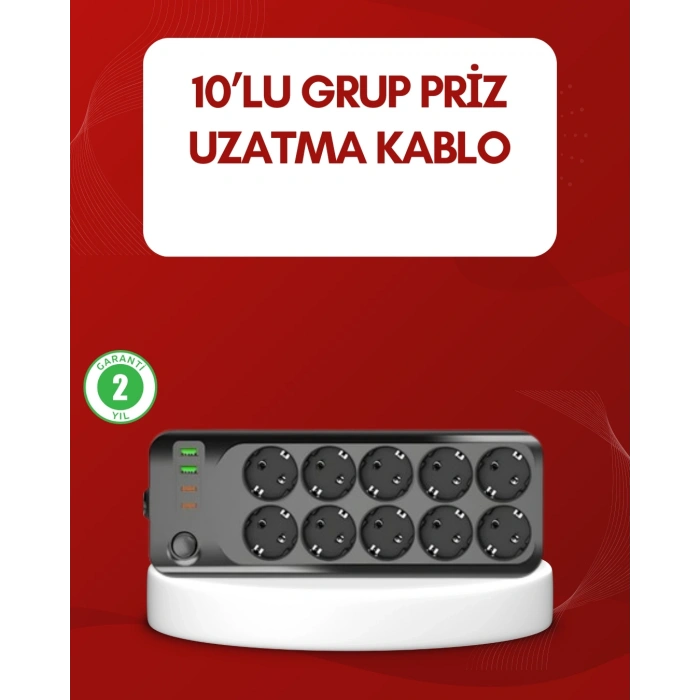 Usb Type-c Destekli 10’lu Grup Priz Termal Korumalı 2m Kablo 2500w