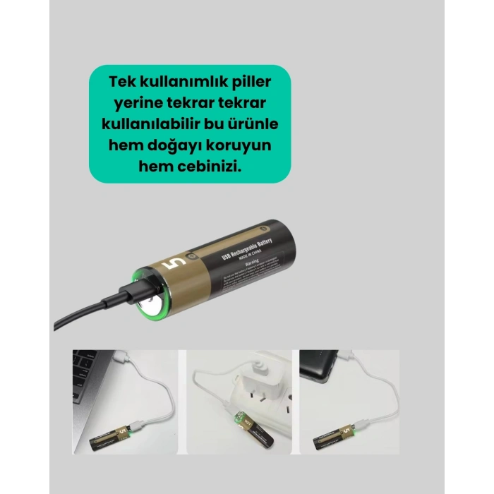 Usb Type-c Girişli Şarjlı Aa Lityum Pil | 1.5v Sabit Çıkış | 3200mwh (2li Paket)