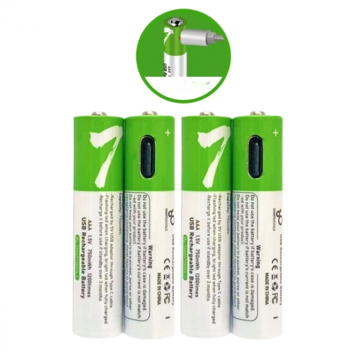 Usb Type-c İle Şarjolabilen 4 Adet Aaa 1.5v Lityum Şarjlı Kalem Pil 750 Mah Uzun Ömürlü