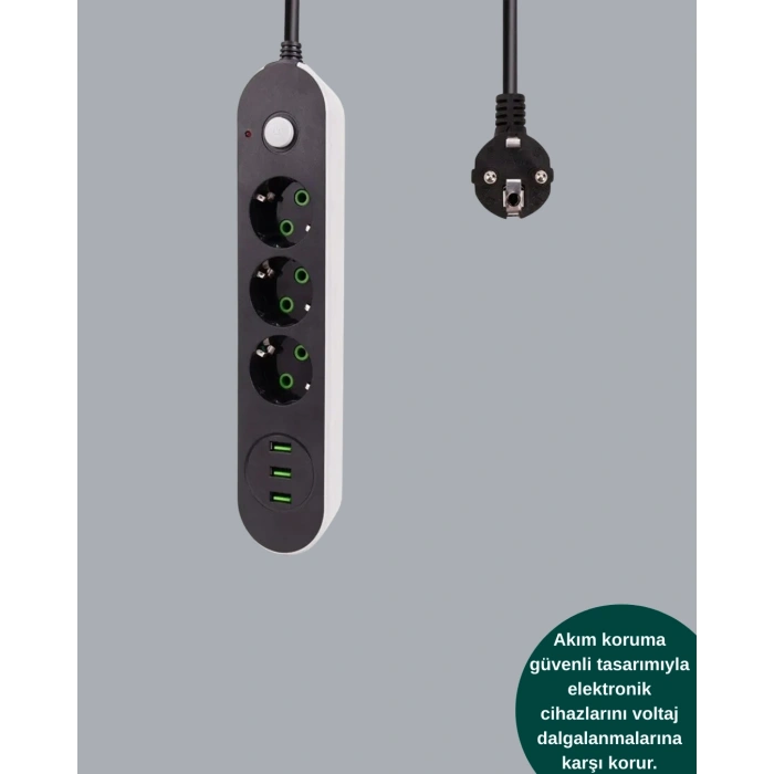 Usb Yuvalı Anahtarlı Üçlü Priz 2 Metre Kablolu