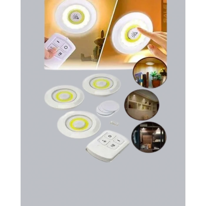 Uzaktan Kumandalı 3 Lü Kablosuz Led Spot Lamba Seti Yapışkanlı Pratik Kullanım