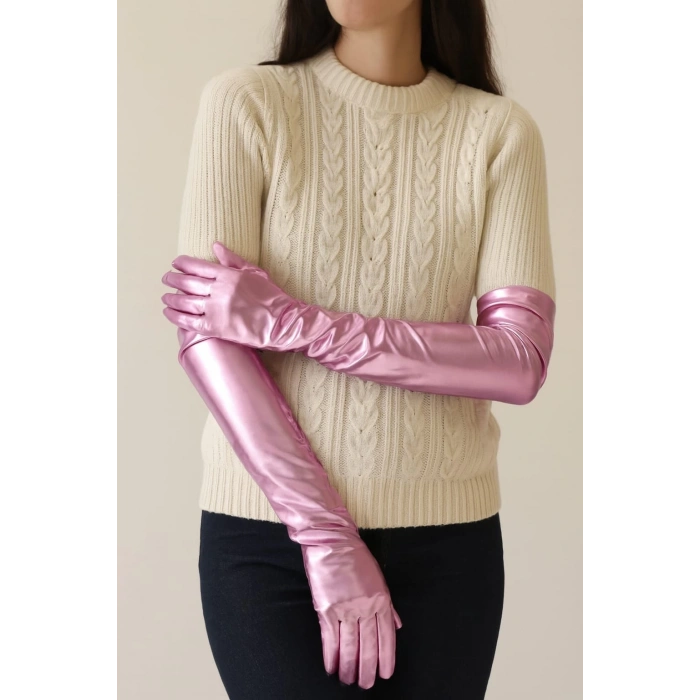 Uzun Boy Ekstra Parlak Saten Eldiven Pembe Renk