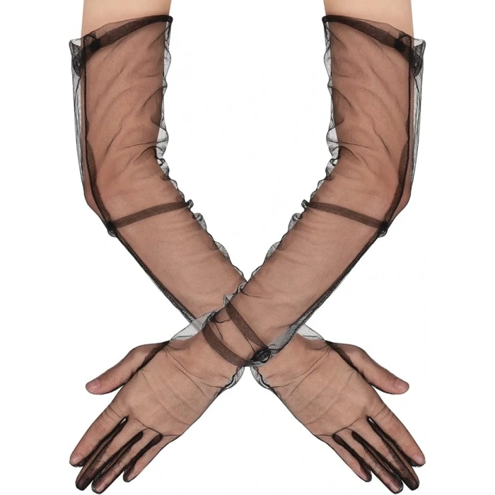 Uzun Boy Likralı Siyah Yetişkin Mega Tül Eldiven