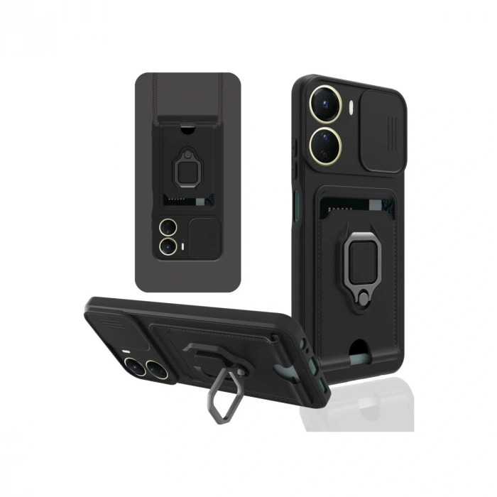 Vivo Y16 Kılıf Zuma Kartvizitli Yüzüklü Silikon - Siyah