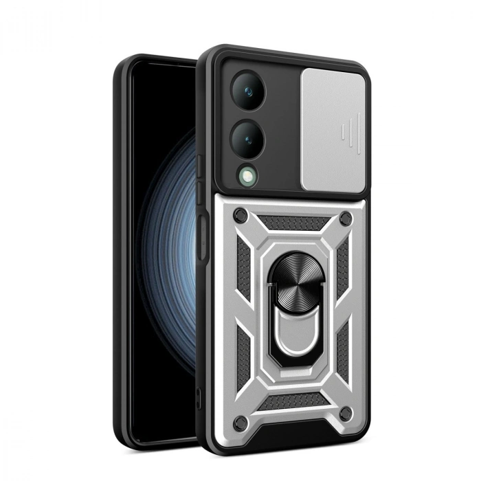 Vivo Y17s Kılıf Pars Lens Yüzüklü Silikon - Gümüş