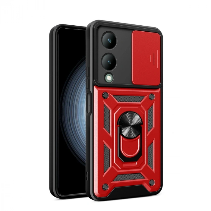 Vivo Y17s Kılıf Pars Lens Yüzüklü Silikon - Kırmızı
