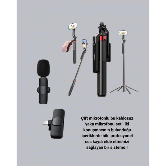 Vlog Ve Canlı Yayın İçin Çift Yaka Mikrofonu Ve Tripodlu Selfie Çubuğu Seti