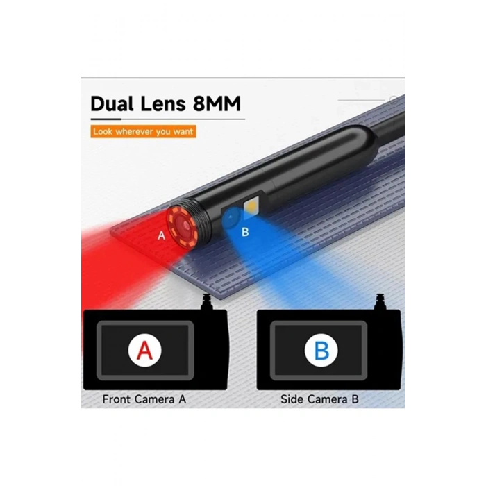 Vtn-009 Ekranlı Çift Kameralı 20 Metre Sert Kablo Yılan Endoskop Kamera 8 Mm 4.3 Inc