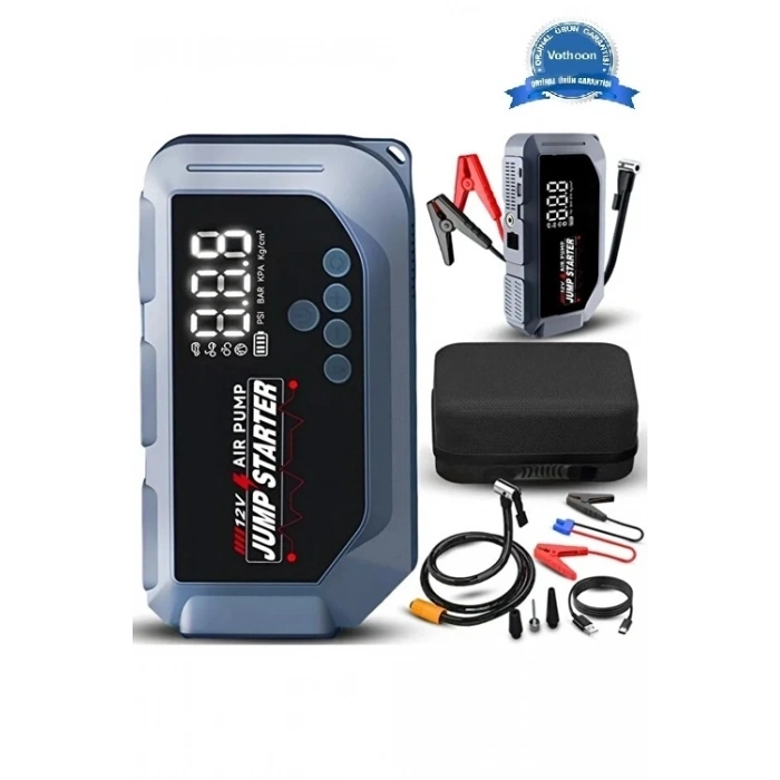 Vtn-605 Şarjlı 12.000 Mah Taşınabilir Çantalı Araç Akü Şarj Takviyeli Işıklı Hava Kompresörü