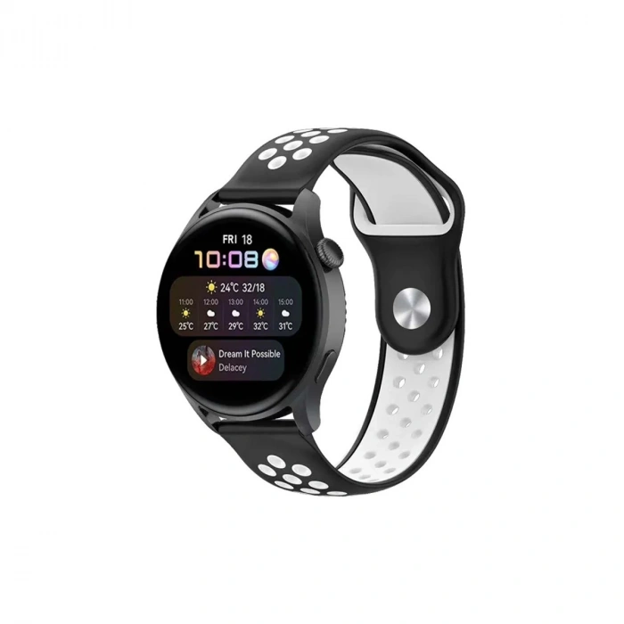 Watch 20mm Spor Delikli Kordon - Siyah-beyaz