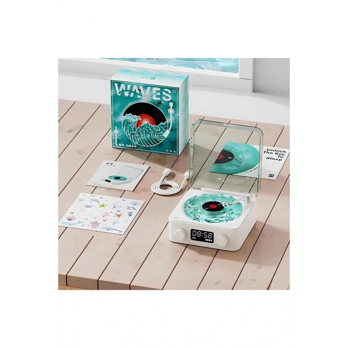 Waves Nostalji Plak Görünümlü Bluetooth Hoparlör 3d Ses Dalgası Retro Müzik Plak Mavi