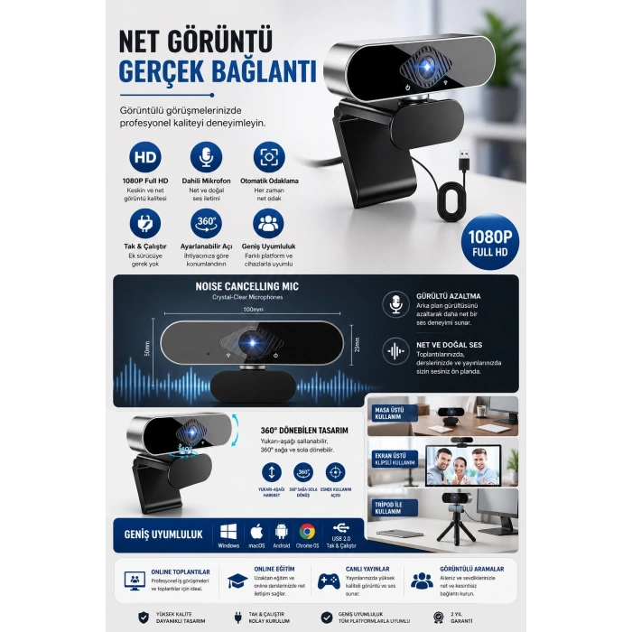 Webcam Orjınal 1080p Hd Konferans Kamera Dahili Mikrofon Görüntülü Sohbet Yayın Kamerası Hd Video Ae-104